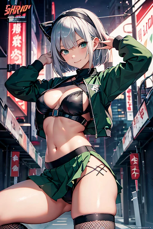 Highest quality,masterpiece,One Girl,Silver Hair,short hair,Waistline,smile,Plump thighs,Groin,Chibi,Childish,Black ribbon hair band,Female ninja,Ninja,naruto,special forces,Combat Ready,Fishnet tights,Mesh underwear,Mesh inner,Green  uniform,Green mini skirt,Murderous intent,2 Japanese swords,Kunai,Shuriken,A dynamic pose,Spread your legs,very small breasts,low length,cyber punk,Near future,sf,City,22nd century,erection of nipple,Sexy pose,muscle質なお腹,Abdominal muscles,muscle