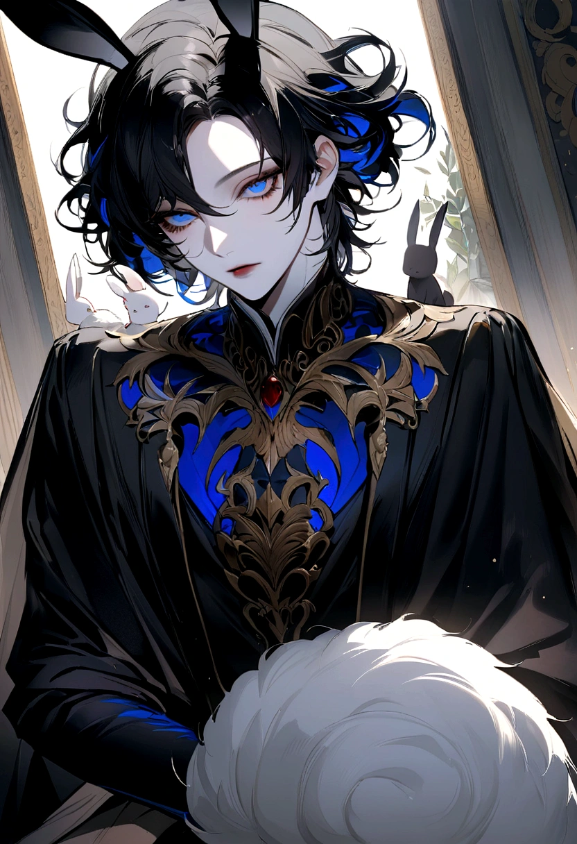 "A strikingly handsome male bunny demi-human stands before us, his presence both captivating and enchanting. His jet-black hair frames a face of striking beauty, contrasting beautifully with his pale, porcelain skin. His eyes are a mesmerizing shade of deep blue, conveying a sense of intelligence and mystery. Atop his head sit a pair of large, velvety black rabbit ears, and a fluffy black bunny tail sways gently behind him. But the most remarkable feature are his eyelashes - impossibly long and delicate, stark white in color, they flutter with the slightest movement, drawing the viewer’s gaze inexorably to his face. Every detail of his appearance, from the contours of his face to the texture of his clothing, should be rendered with the utmost care and precision, elevating this fantastical being to a level of breathtaking beauty and sophistication. The overall scene should capture the demi-human’s captivating presence, his striking features and unique hybrid nature, all while showcasing the artist’s masterful command of detail and realism."