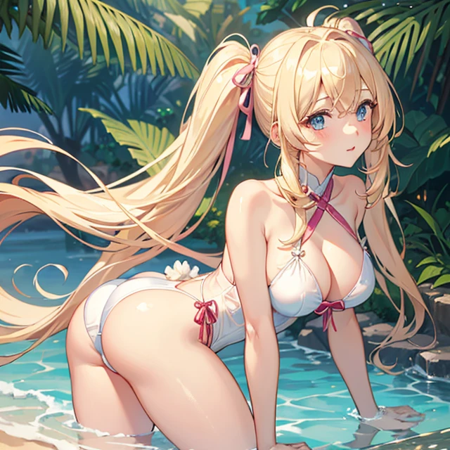 (masterpiece image, very detailed image, best high quality high definition image High very detailed Quality image, Very detailed high quality image), solo character back view, sunny natural park with pool
1girl, absolute beauty, 28 years old,  fair pale skin, light blue eyes, cute delicated beauty features, long blonde golden hair tied in two pigtails with pink ribbons and blonde golden hair curly fringe near the nose, , round , beautiful legs, (white pale blue ), cheerful and friendly demeanor,
