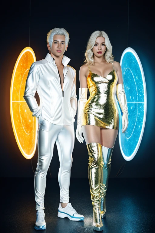 Full full body a beautiful couple,( Handsome hunky blonde haired Solarboy wearing a white spandex with gold trimmings)and gloves and ( handsome hunky white haired Lunarboy wearing black latex spandex with silver trimmings), standing firmly face frontal camera focus asymmetrical face details,charachter, beautiful, devian art, trending artstation, digital art, detailed, realistic, humanoide, character,cinematic sho ,cinematic lights, high textures, high resolution, dreamlikeart, 8k, highly detailed, stabilized diffusion. Detailed face and fingers.
