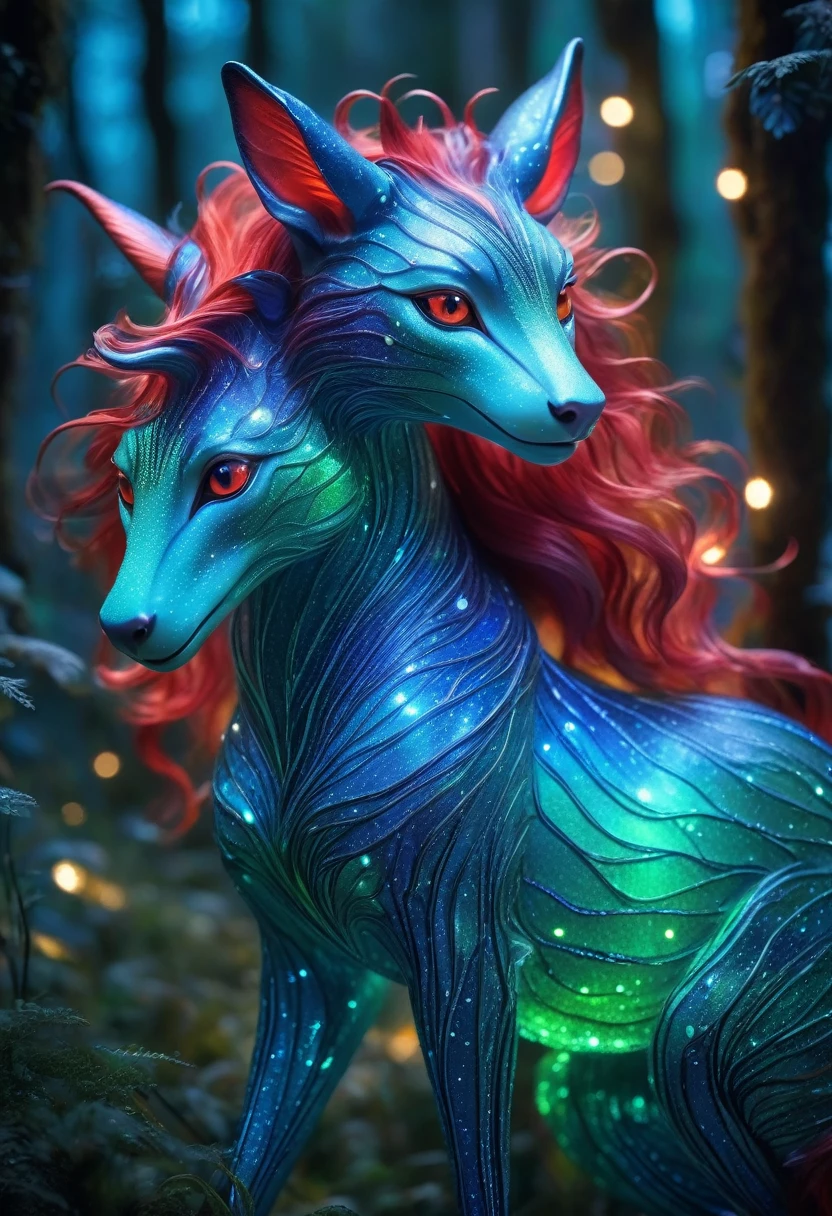 An exquisite mythical creature of the forest,Skin smooth as silk,It has a delicate pattern of spots and stripes,Seems to sparkle in the night, 8K, Colored lights, vivid, Ultra Detailed, Surreal photography ,blue,Red,green,blue