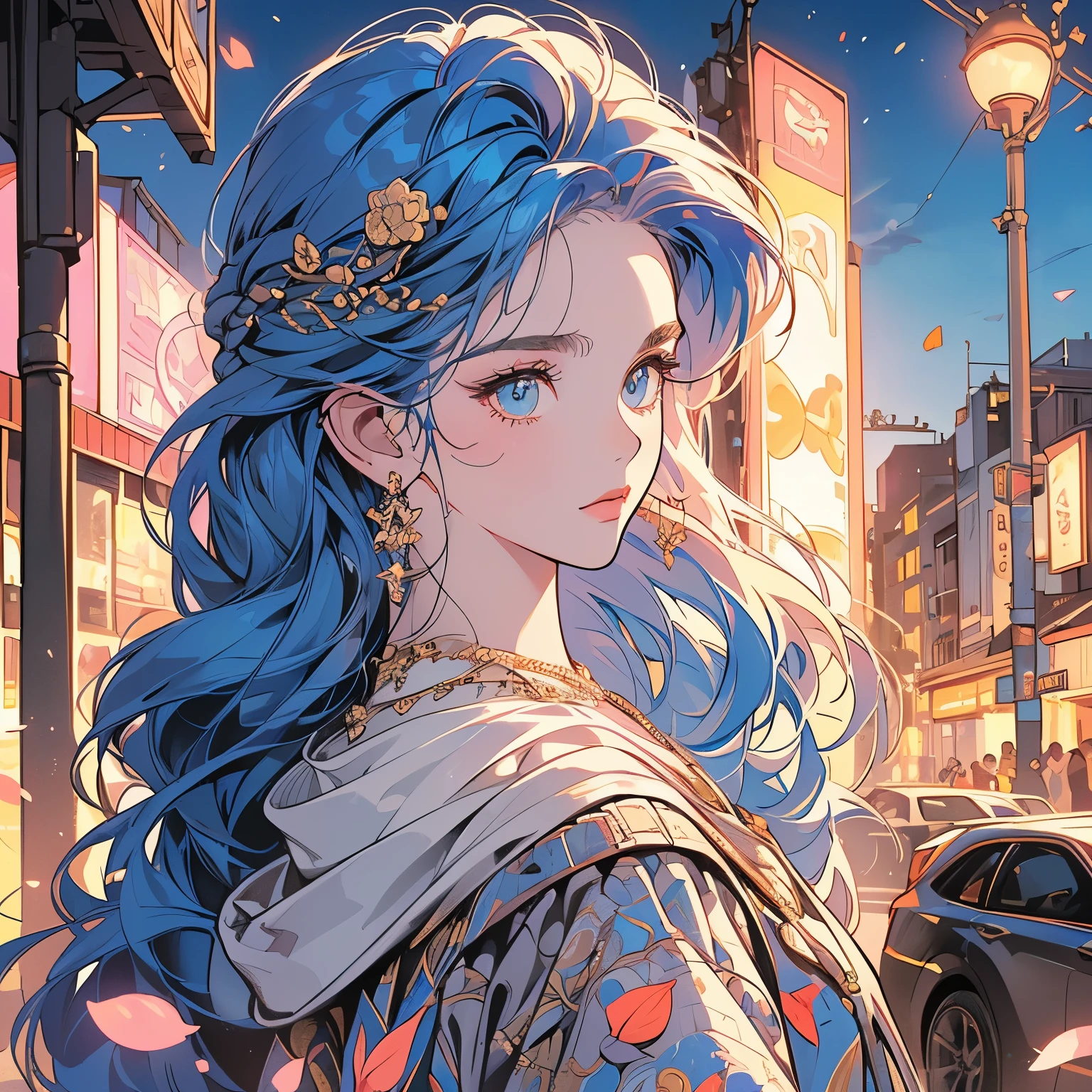 (((Only one woman))), (((perfect face))), 14k, (((intricate and detailed background))), (((top quality))), Detailed street fashion, 80's poster, near future, sign, lamppost, upper body, head shot, detailed hair, mysterious, (((pale lighting))),(((neon))),From the front, straight on.,night view,white Hooded hoodie, gold necklace,  (((Various unique hairstyles))), and immensely beautiful women,Retro tones, goddess,(((Detailed face))), (((detailed eyes))), Various poses, (((Various angles))), the wind is blowing,Retro colors, cyberpunk,(((Detailed Various unique hair colors))),sperkling eyes,(((detailed sperkling eyes))),detailed city, (((Various eyes color))),flower petal