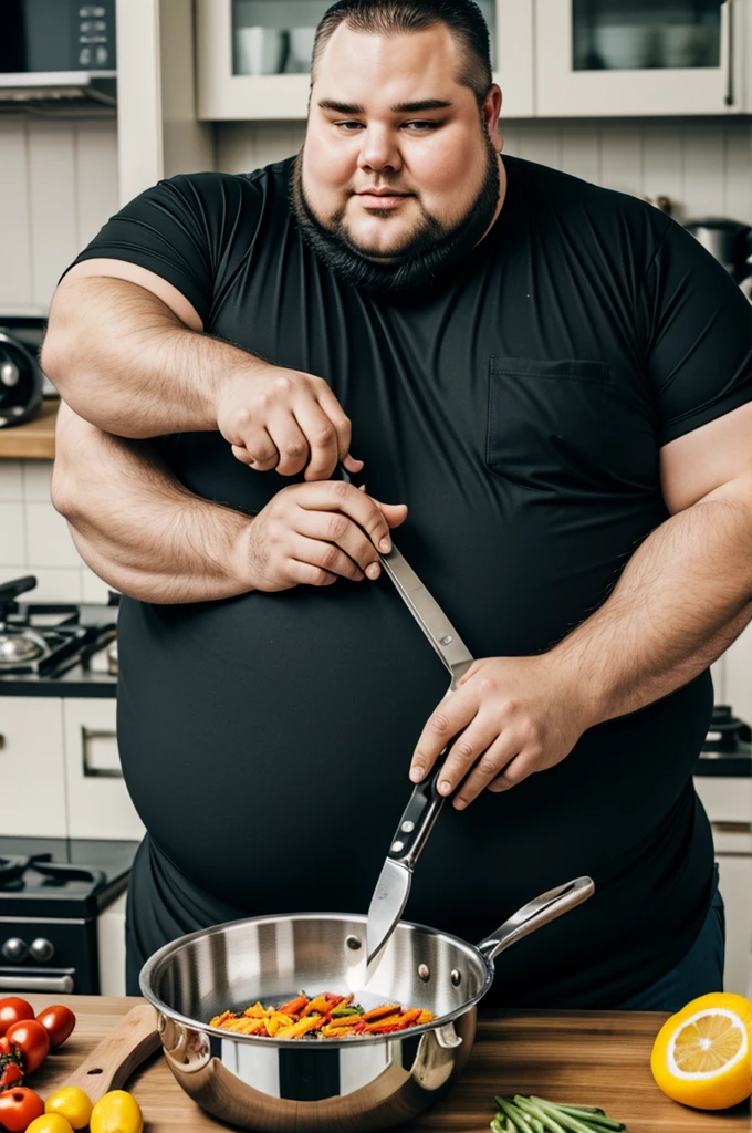 Fat man in motorcycle gear holding pan and knife ready to cook