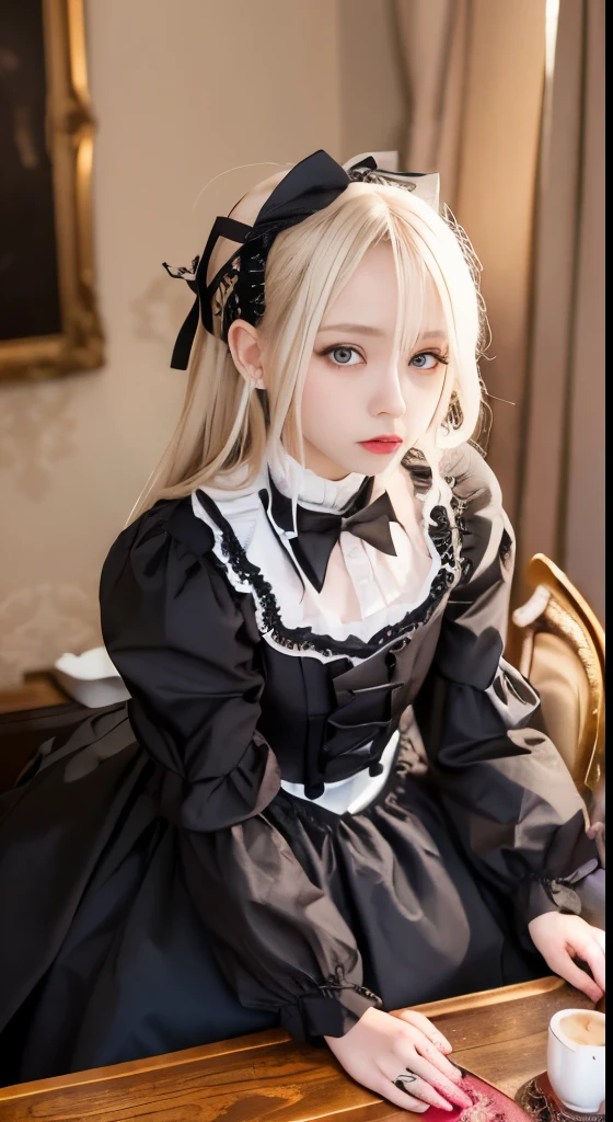 (Tabletop, Highest quality:1.2), 8K, 85mm, Official Art, RAW Photos, Absurd, Platinum Blonde Hair, (blue eyes, ta Fashion, Sweet LoliGothic, dress:1.2), Idol's face, Upper Body, beautiful girl, Gardeniass, Copenhagen, Short sleeve, grace, Sophisticated, Gardenia, View your viewers, Film Grain, chromatic aberration, Sharp focus, Face Light, Dynamic Lighting, Cinema Lighting, Detailed face, Bokeh Background
