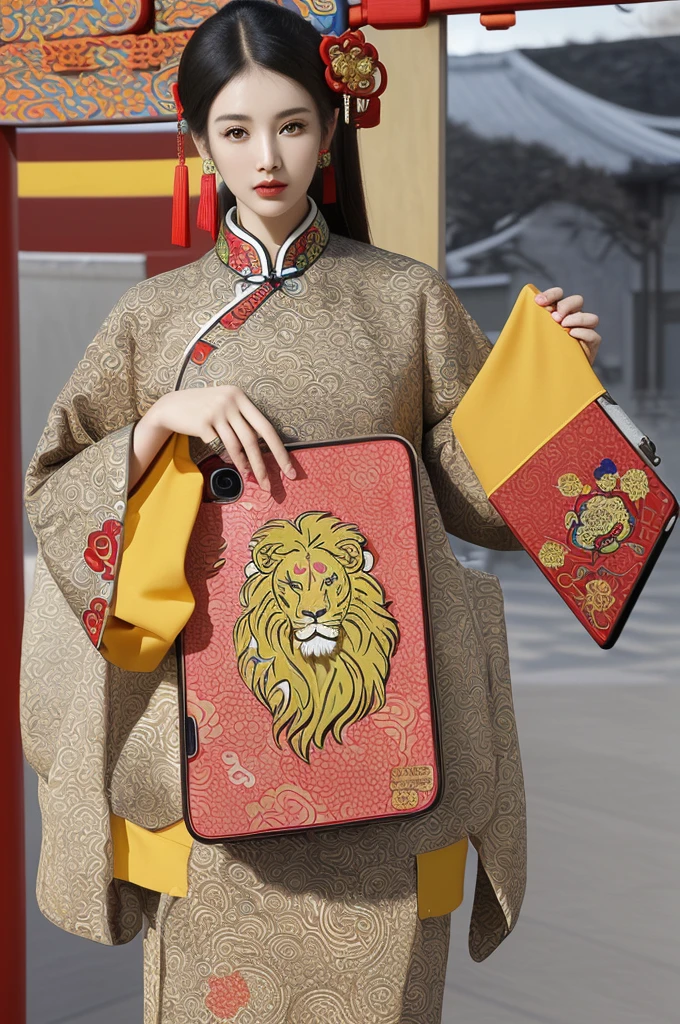 A mobile phone case with national trend elements,Printed with lion pattern,A fusion of tradition and modernity,Bright colors,Exquisite details,Add other Chinese elements such as auspicious clouds