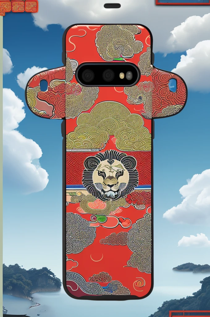 A mobile phone case with national trend elements,Printed with lion pattern,A fusion of tradition and modernity,Bright colors,Exquisite details,Add other Chinese elements such as auspicious clouds