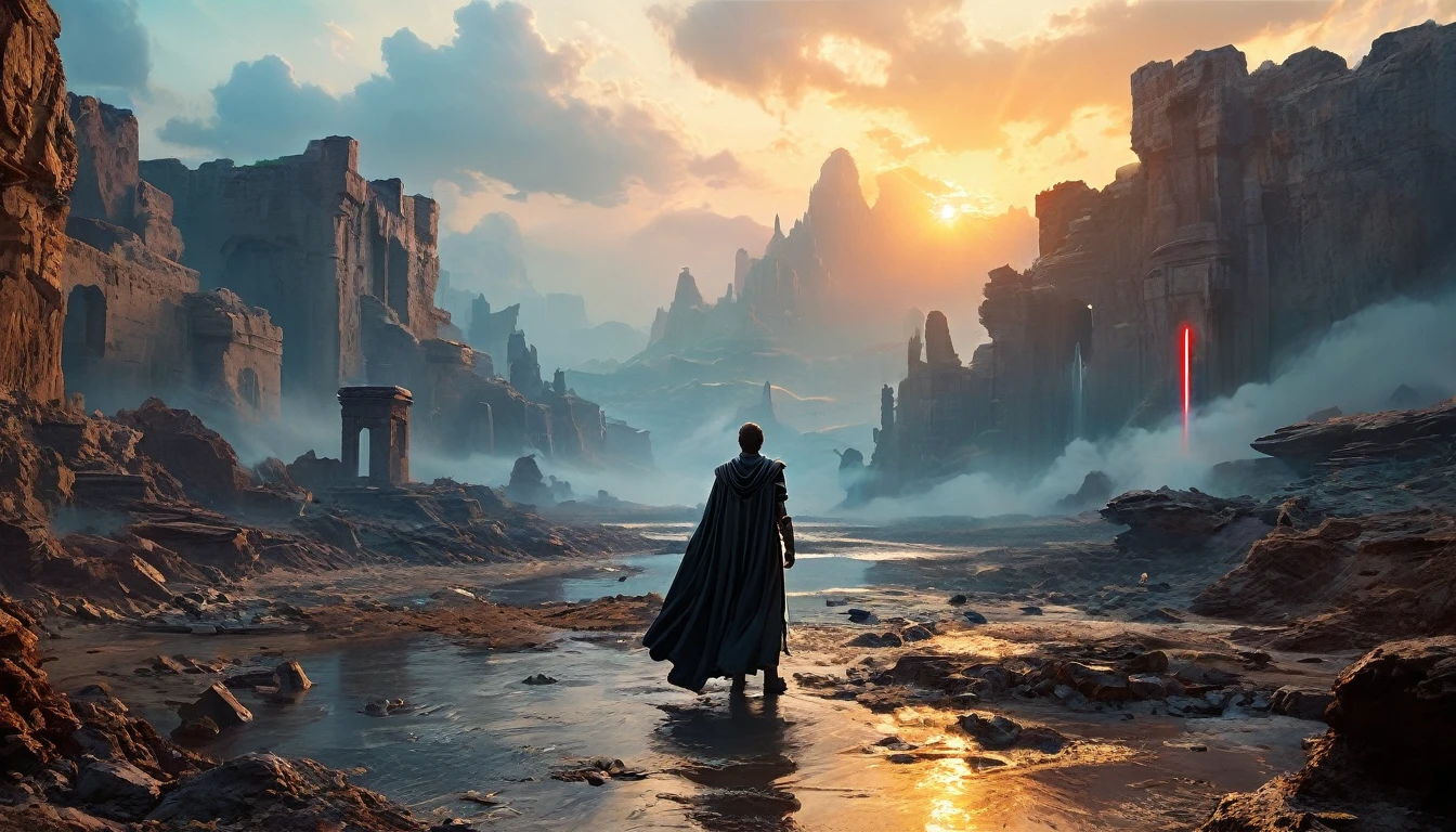 View a vast desert landscape bathed in golden twilight, evoking the iconic Star Wars look. In the center of the scene, a Jedi in a flowing cape stands silhouetted against the orange sky, your glowing blue lightsaber in your hand, pronto para enfrentar qualquer desafio. The ruins of an ancient civilization rise majestically in the background, and the remains of a fallen AT-AT adorn the landscape. The atmosphere is charged with expectation, as if an epic battle was about to begin.hyper realistic composition,32k resolution,cinematic composition,cinematic color grading.photography whit Phaseone 85mm,depth of field. colors:#CEDBE1#D3B9AO#73503C#A6826D#261B17
