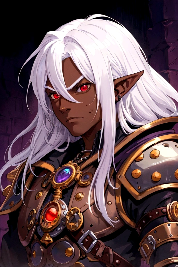 ((best quality)), ((masterpiece)), (detailed), ((boy)), ((mix between dungeonpunk and steampunk armor)), (serious), fantasy illustration, dark skinned, human, upper body, portrait, red eyes, long white hair, (wearing armor), Xemnas from Kingdom Hearts, half-drow, pointy ears, serious face, dramatic lighting, purple hue, art by Kinema Citrus and Tetsuya Nomura