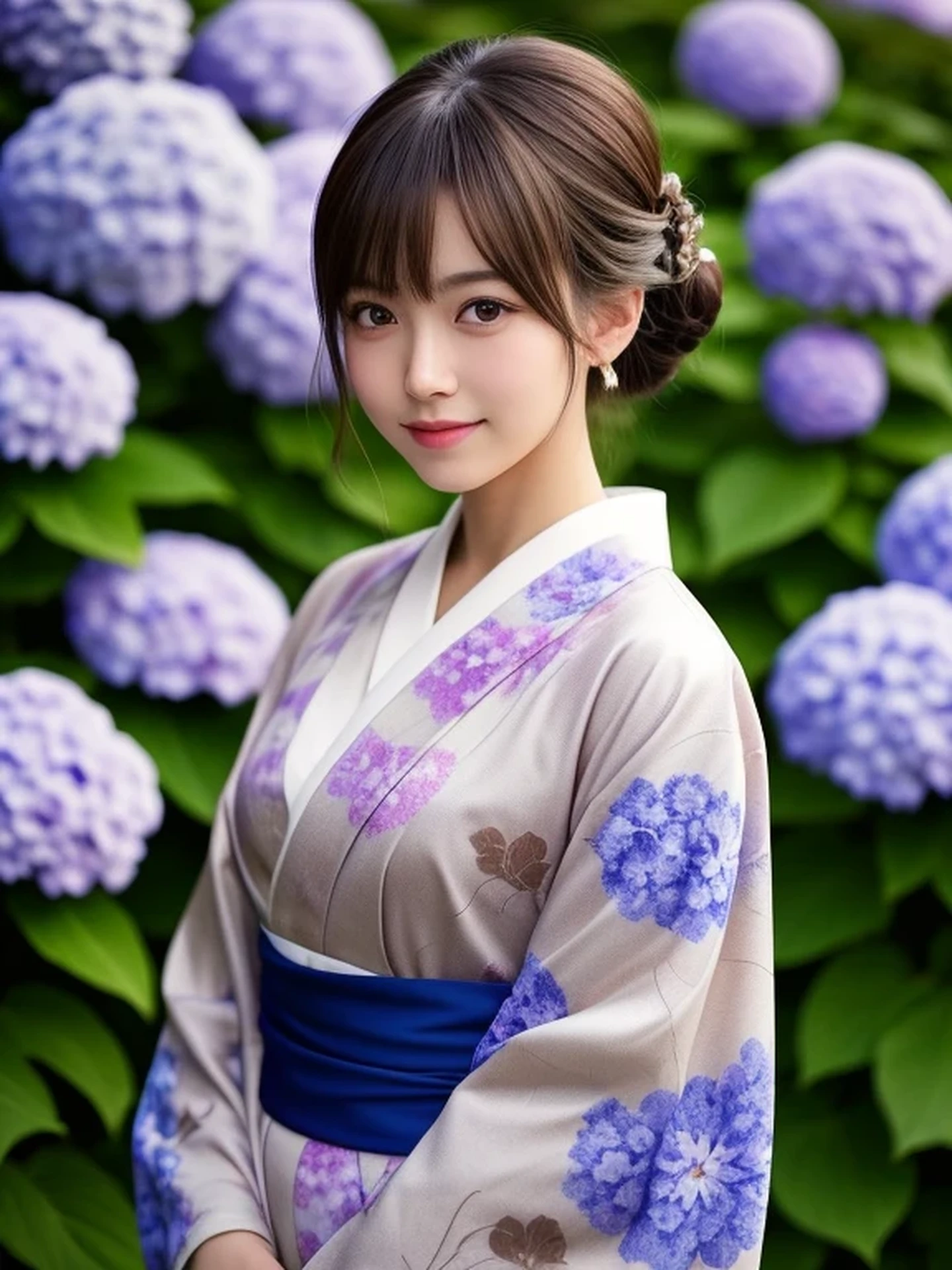 1 Japanese girl, (Looking at Viewer
:1.4), (upper body shot:1.2), Beautifully detailed eyeballs, catchlight in the eyes, Realistic digital painting of a woman portrait, Shy, Cute, happy smile, brown eyes, (half updo,:1.1), (light brown brunette hair:1.3), (Highly detailed skin:1.2), Mystical style, Global Illumination, Traditional Japanese floral printed Kimono, A silk kimono with a deep indigo base. A garden with many blooming hydrangeas