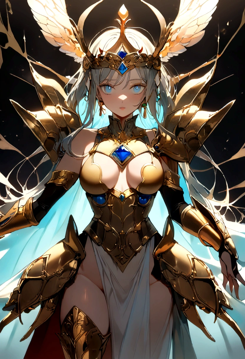 NSFW,ファンタジー風の全身鎧を身にまとったwoman, Only the eyes were exposed、A fully enclosed helmet designed to resemble a crown, Composite Layered Chest Plate, Fully covered shoulder and hand guards, Lightweight waist armor, Close-fitting shin guards, The overall design is sturdy yet flexible, ((The armor is shiny gold, Accented with red and blue accents)), Gives off a noble aura, She floats above a fantastical, surreal, high-tech city, This character is、It embodies a hero wearing fantasy surreal style armor elaborately crafted in anime style.。, Exquisite and mature cartoon art style, (A mix of Queen Bee and Spider concept armor, plasma, Blood), ((element, energy, elegant, goddess, woman:1.5)), metallic, High resolution, Highest quality, High resolution, Super detailed, Ultra-fine painting, Very delicate, Professional, Anatomically correct, Symmetrical face, Highly detailed eyes and face, High quality eyes, creativity, RAW Photos, 超High resolution, 32k, Natural light, Cinema Lighting, masterpiece-anatomy-perfect, masterpiece:1.5