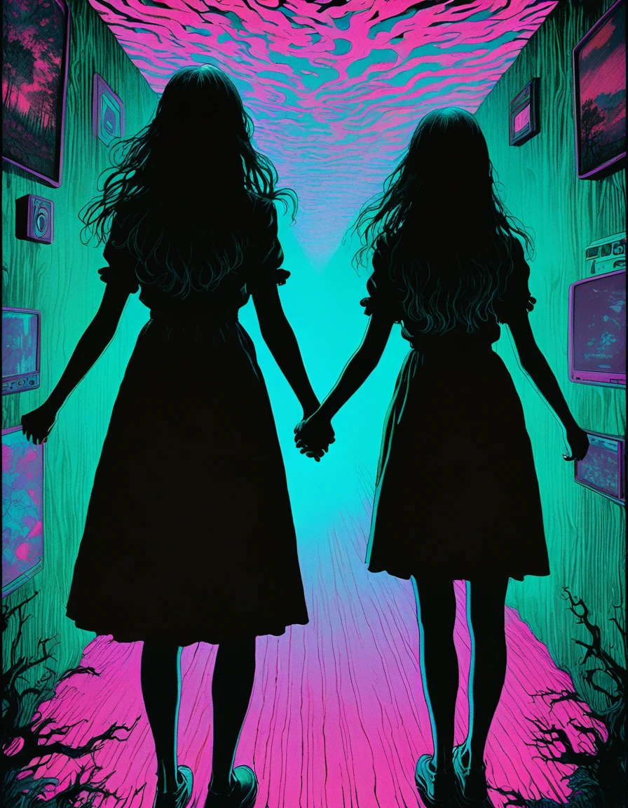 illust、art、from 80s horror movie, directed by Junji Ito、Two twin sisters、Holding hands、nightmare、anxiety、high detail, realsitic shadow、Analog style, vhs style, 8mm film, chromatic aberration, Dvd screengrab、Surrealism