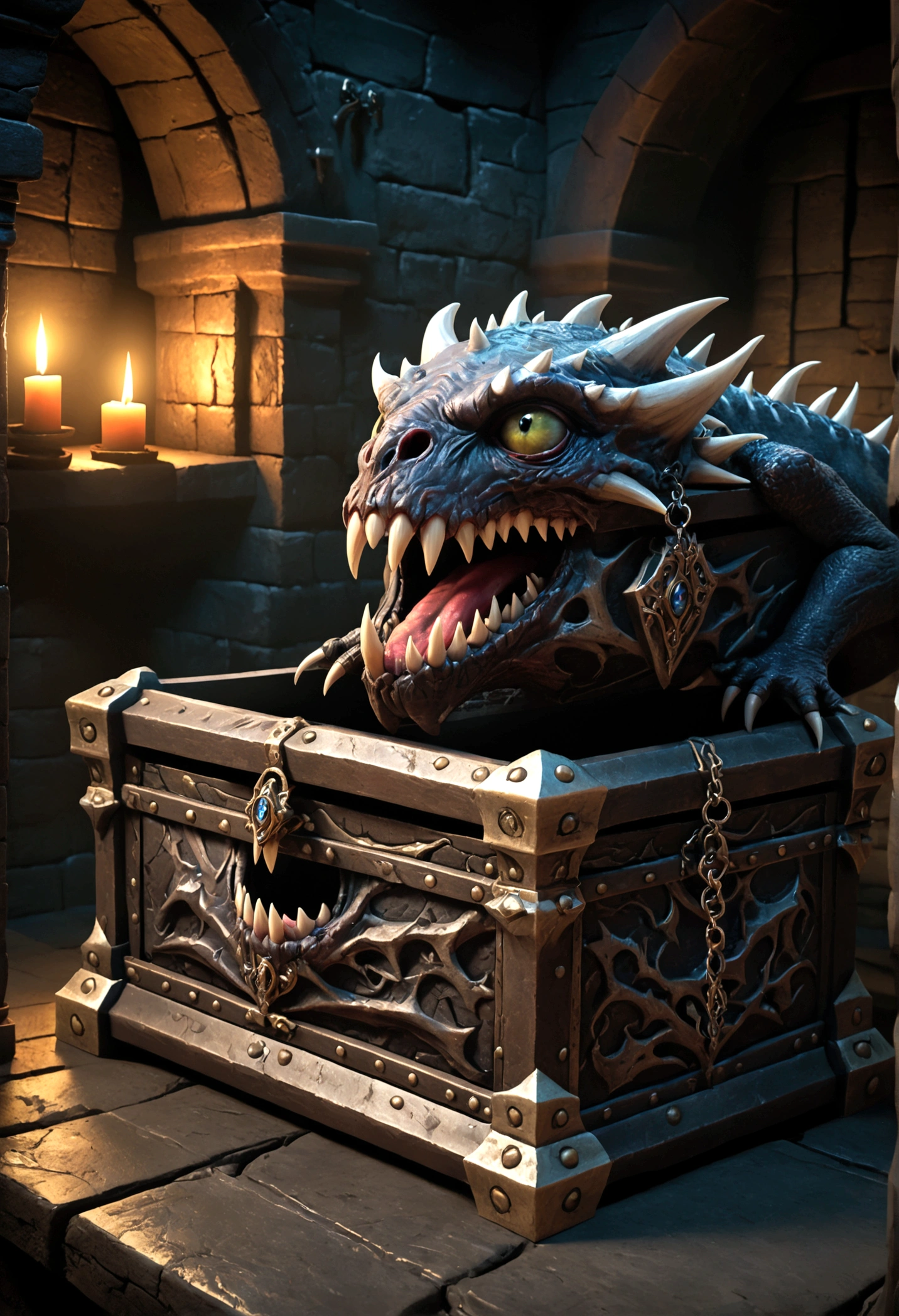 A chest in a dungeon, fantasy dungeon, dungeon chest, chest with eye stalks, chest yawning, toothy maw, detailed fantasy illustration, highly detailed, cinematic lighting, dramatic lighting, dark moody atmosphere, deep shadows, intricate details, grotesque, unsettling, sinister, (best quality,4k,8k,highres,masterpiece:1.2),ultra-detailed,(realistic,photorealistic,photo-realistic:1.37)