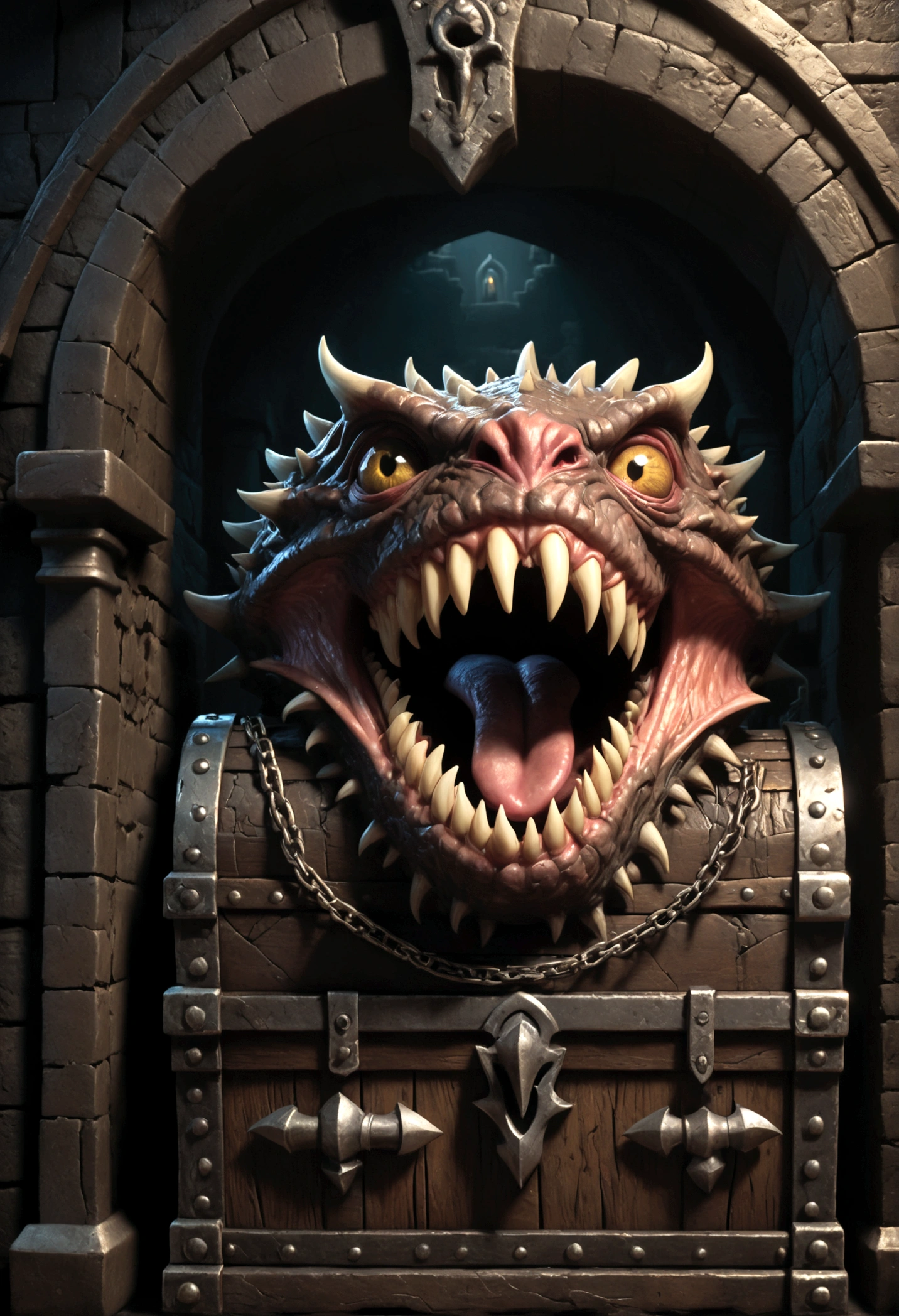 A chest in a dungeon, fantasy dungeon, dungeon chest, chest with eye stalks, chest yawning, toothy maw, detailed fantasy illustration, highly detailed, cinematic lighting, dramatic lighting, dark moody atmosphere, deep shadows, intricate details, grotesque, unsettling, sinister, (best quality,4k,8k,highres,masterpiece:1.2),ultra-detailed,(realistic,photorealistic,photo-realistic:1.37)