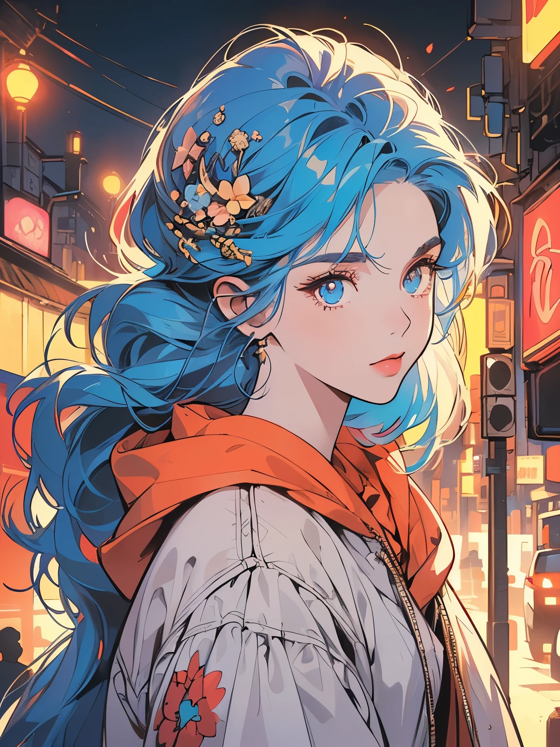 (((one woman))), (((perfect face))), 14k, (((intricate and detailed background))), (((top quality))), Detailed street fashion, 80's poster, near future, sign, lamppost, upper body, head shot, detailed hair, mysterious, (((pale lighting))),(((neon))),From the front, straight on.,night view,white Hooded hoodie, gold necklace, (((Various unique hairstyles))), and immensely beautiful women,Retro tones, goddess,(((Detailed face))), (((detailed eyes))), Various poses, (((Various angles))), the wind is blowing,Retro colors, cyberpunk,(((Detailed Various unique hair colors))),sperkling eyes,sperkling eyes,detailed city, red eyes, (((Various eyes color))),flower petal