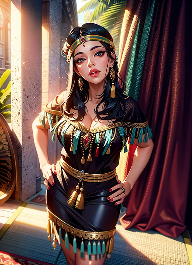 beautiful detailed woman, beautiful detailed eyes, beautiful detailed lips, extremely detailed face, extremely detailed eyes, long eyelashes, woman in traditional native dress, vibrant colors, intricate patterns, ornate jewelry, lush foliage, tropical landscape, sunlight, natural lighting, photorealistic, 8k, high resolution, masterpiece, digital painting