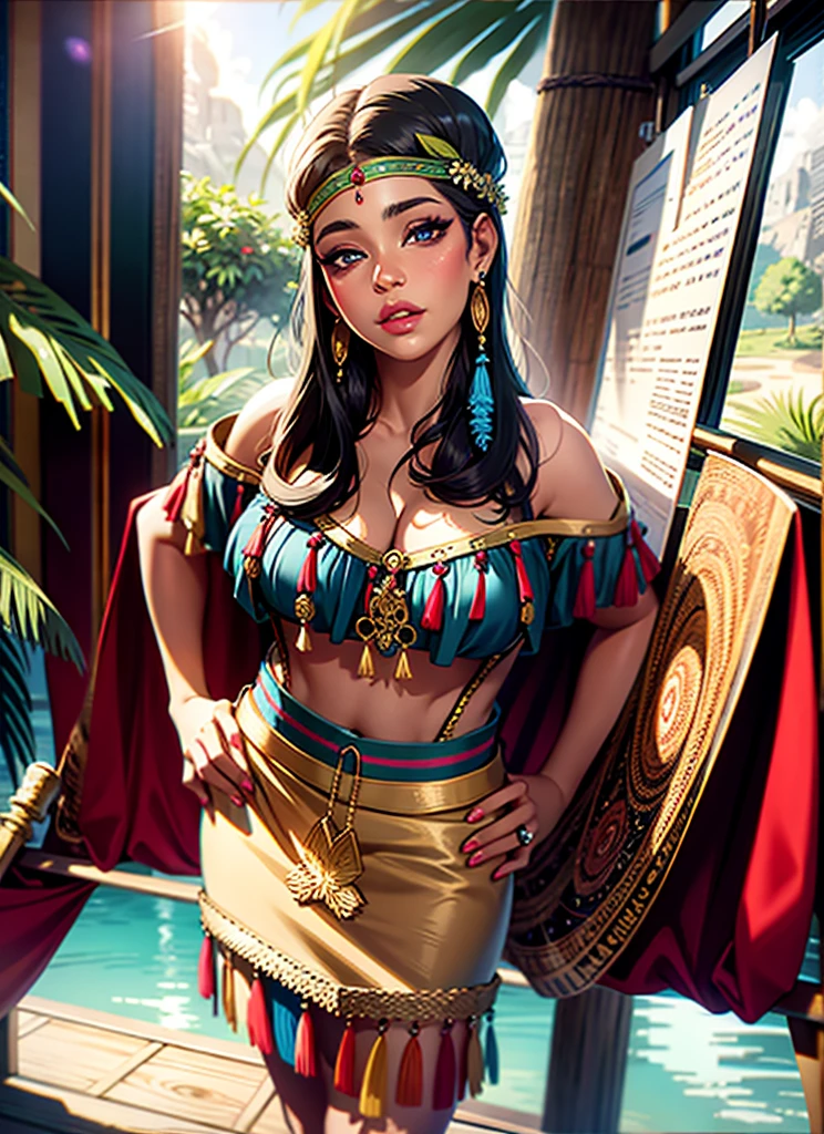 beautiful detailed woman, beautiful detailed eyes, beautiful detailed lips, extremely detailed face, extremely detailed eyes, long eyelashes, woman in traditional native dress, vibrant colors, intricate patterns, ornate jewelry, lush foliage, tropical landscape, sunlight, natural lighting, photorealistic, 8k, high resolution, masterpiece, digital painting