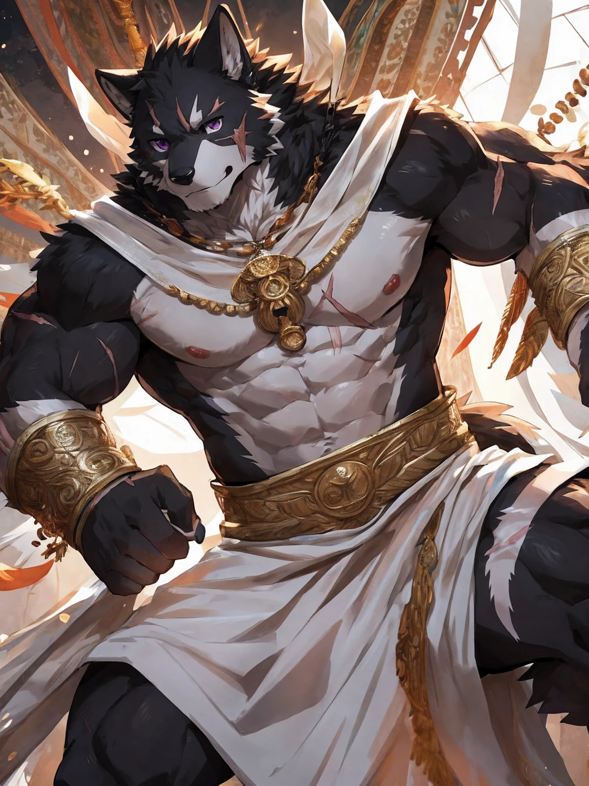 embedding:black wolf, male,purple eyes,Scar on the face, scar on the body,Single person,The fur on the chest and abdomen is white.Toga,Costumes of ancient Greece,White clothes,sacred，Solemn and sacred,Expressions and movements full of divinity,A serious expression,The highest quality of scene detail,adult,Tall and powerful,muscle，Best quality hands, best quality eye，detailed fur，Delicate eyes.Extreme picture quality，by sollyz,by zixiong,by milkytiger1145