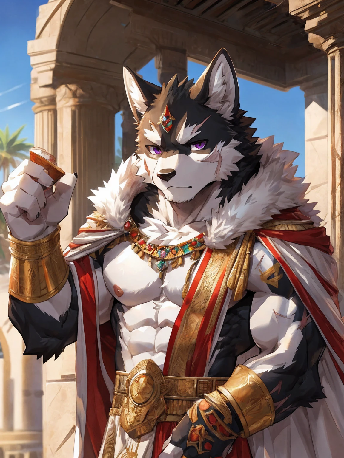 embedding:black wolf, male,purple eyes,Scar on the face, scar on the body,Single person,The fur on the chest and abdomen is white.Toga,Costumes of ancient Greece,White clothes,sacred,Solemn and sacred,Expressions and movements full of divinity,A serious expression,The highest quality of scene detail,adult,Tall and powerful,muscle,Best quality hands, best quality eye,detailed fur,Delicate eyes.Extreme picture quality,by sollyz,by zixiong,by milkytiger1145