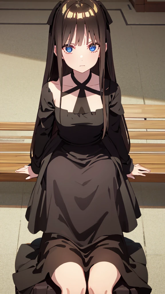 Waiting sitting in a black gala dress