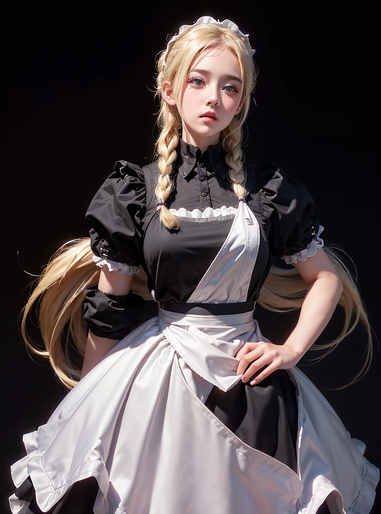 a beautiful girl,blonde pigtail hair,(((looking at the viewer))),standing,blush face,(Very Detailed: 1.3),ultra realistic,HDR,(High Dynamic Range),8K RAW,(((1GIRL))),(((wearing maid dress))),(((black background))),masterpiece,best quality,perfect proportions