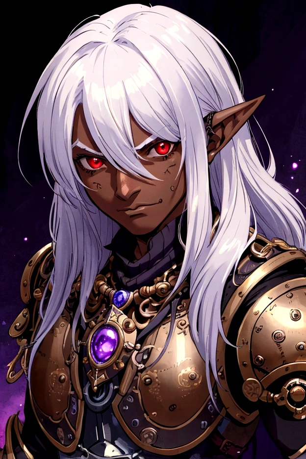 ((best quality)), ((masterpiece)), (detailed), ((boy)), ((mix between dungeonpunk and steampunk armor)), (serious), fantasy illustration, dark skinned, human, upper body, portrait, red eyes, long white hair, (wearing armor), Xemnas from Kingdom Hearts, half-drow, pointy ears, serious face, dramatic lighting, purple hue, art by Kinema Citrus and Tetsuya Nomura