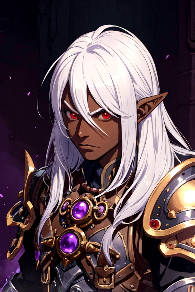 ((best quality)), ((masterpiece)), (detailed), ((boy)), ((mix between dungeonpunk and steampunk armor)), (serious), fantasy illustration, dark skinned, human, upper body, portrait, red eyes, long white hair, (wearing armor), Xemnas from Kingdom Hearts, half-drow, pointy ears, serious face, dramatic lighting, purple hue, art by Kinema Citrus and Tetsuya Nomura