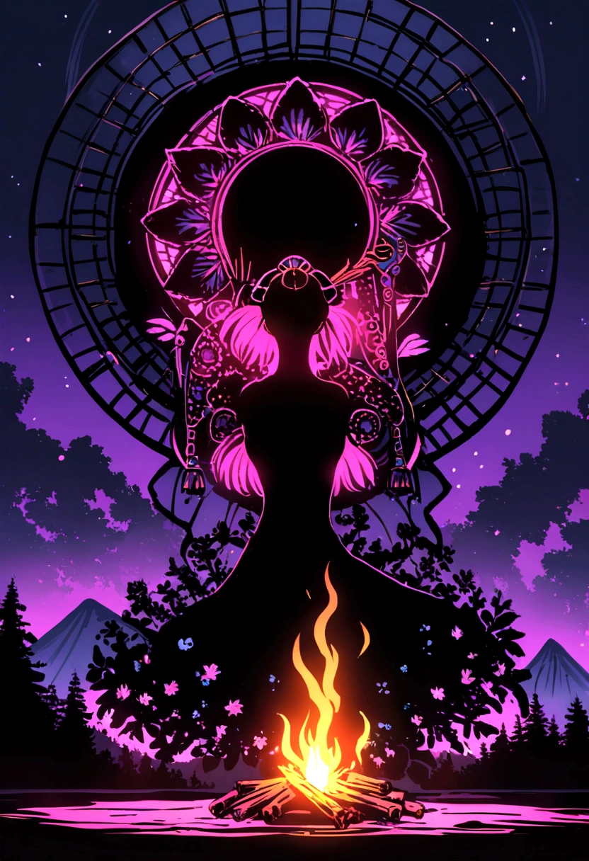 The silhouette of Quetzalcoatl against a horizon lit with neon lights, campfires and glowing into the night.