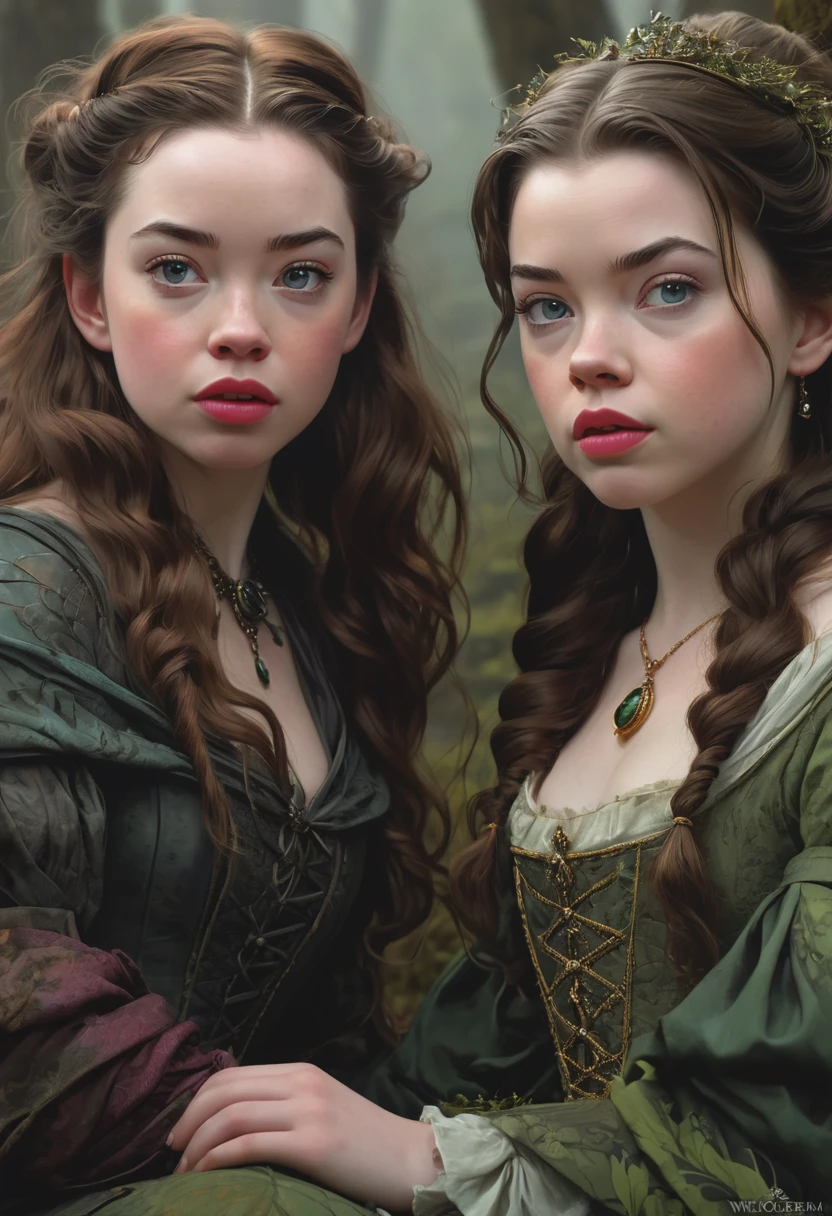 A Bog Witch. Anna Popplewell and georgie henley. Official Art, Award Winning Digital Painting, Digital Illustration, Extreme Detail, 4k, Ultra Hd, Rococo, Polished, Intricate, Realistic Fantasy Art, Sharp Focus, Concept Art, Art By Wlop, Artgerm, (2d Vector Illustration)
