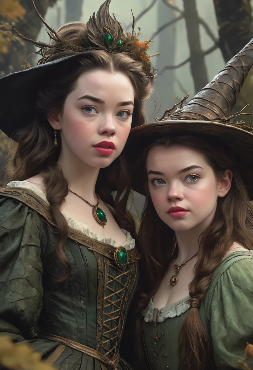 A Bog Witch. Anna Popplewell and georgie henley. Official Art, Award Winning Digital Painting, Digital Illustration, Extreme Detail, 4k, Ultra Hd, Rococo, Polished, Intricate, Realistic Fantasy Art, Sharp Focus, Concept Art, Art By Wlop, Artgerm, (2d Vector Illustration)