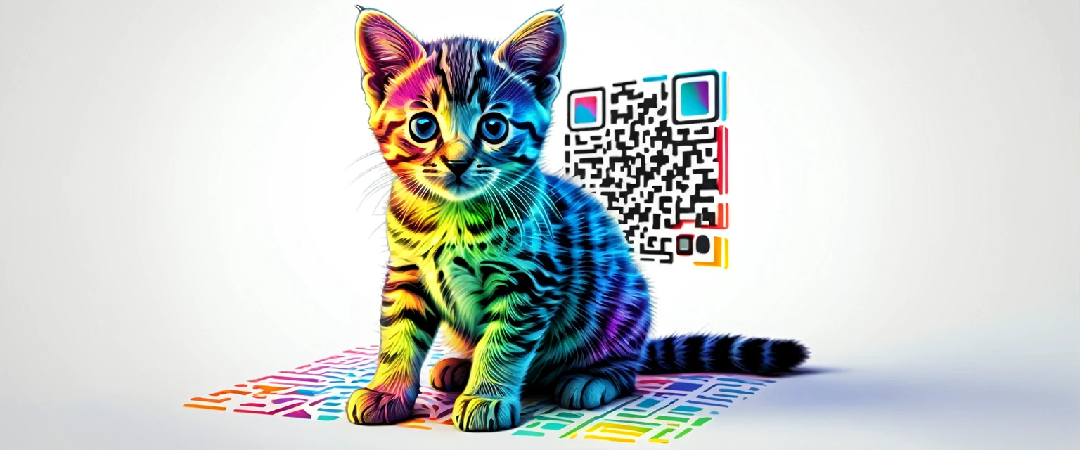 Kitten sitting, colorful line art, 3D, QR Code
