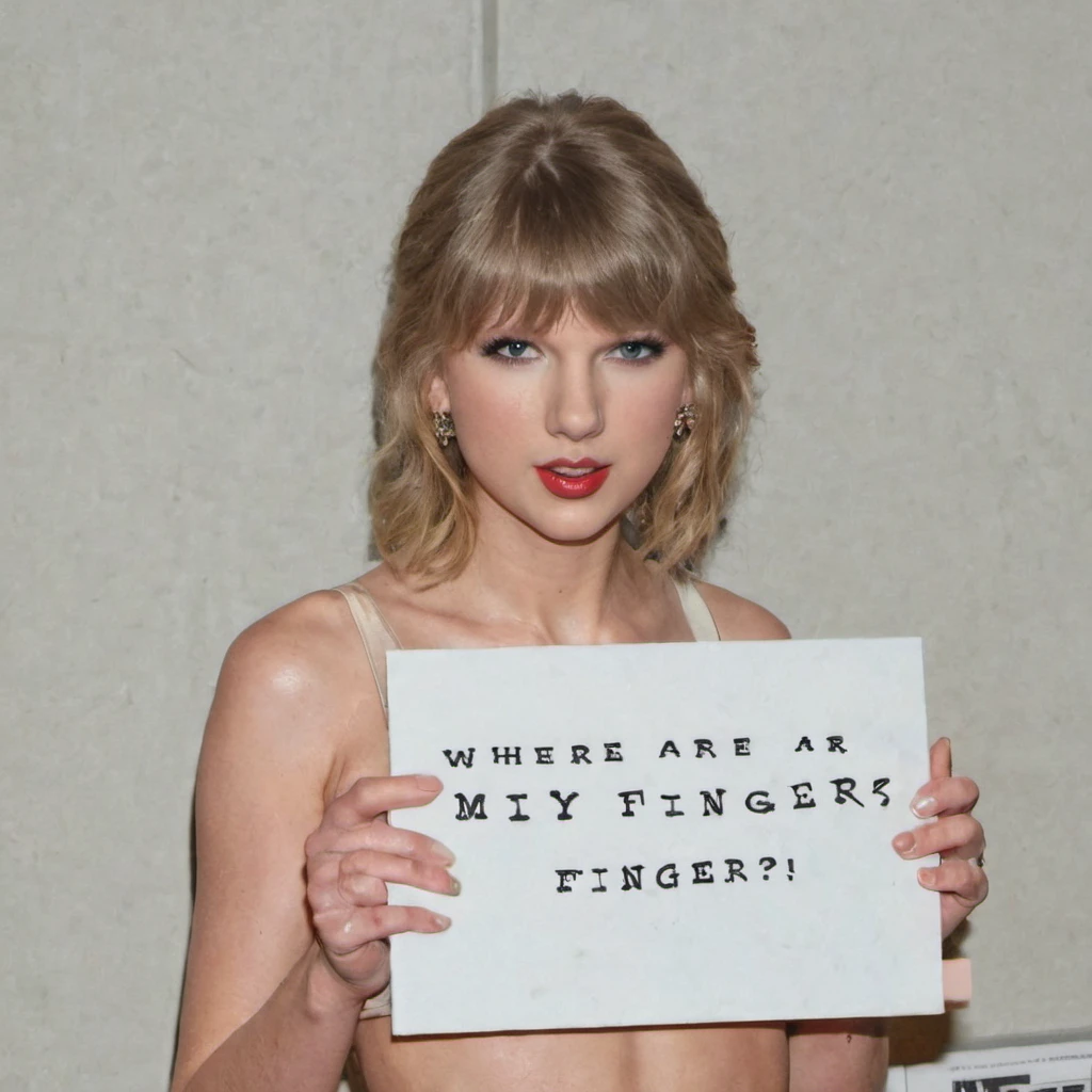 Taylor swift holding a sign saying "WHERE ARE MY FINGERS?"