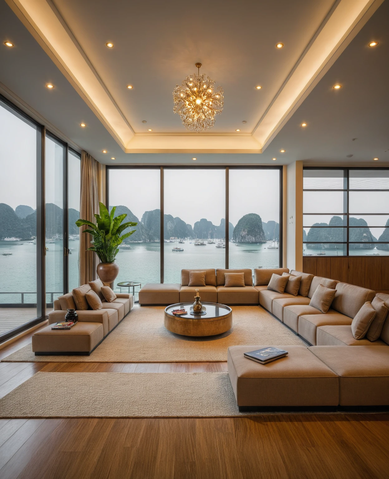 Raw photo,Masterpiece, high quality, best quality, authentic, super detail, interior, indoors, ((living room style modern luxury)), sunset, day light, sofa, table tea, carpet, cabinets, wood floor , chandeliers, windows view sea halong bay , curtains, downlight, (flower vase), decorative cabinets, wine bottles, ornaments, books,