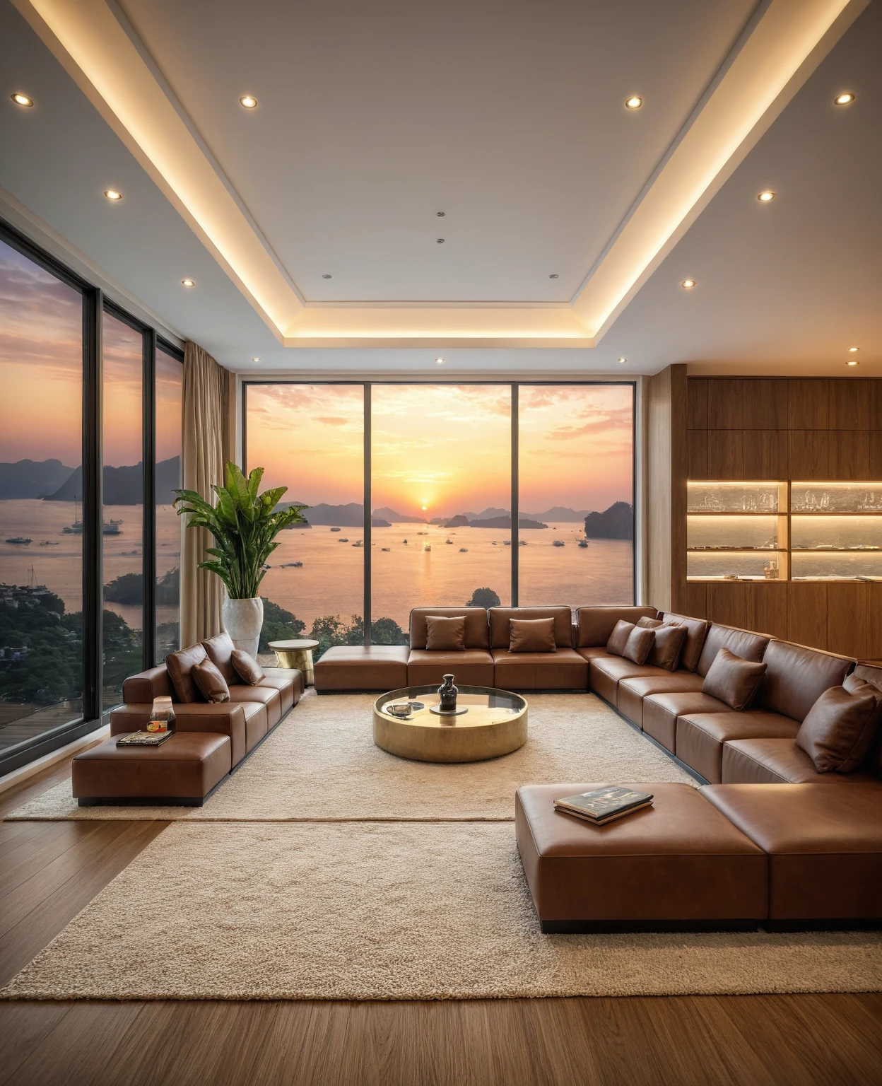 Raw photo,Masterpiece, high quality, best quality, authentic, super detail, interior, indoors, ((living room style modern luxury)), sunset, day light, sofa, table tea, carpet, cabinets, wood floor , chandeliers, windows view sea halong bay , curtains, downlight, (flower vase), decorative cabinets, wine bottles, ornaments, books,