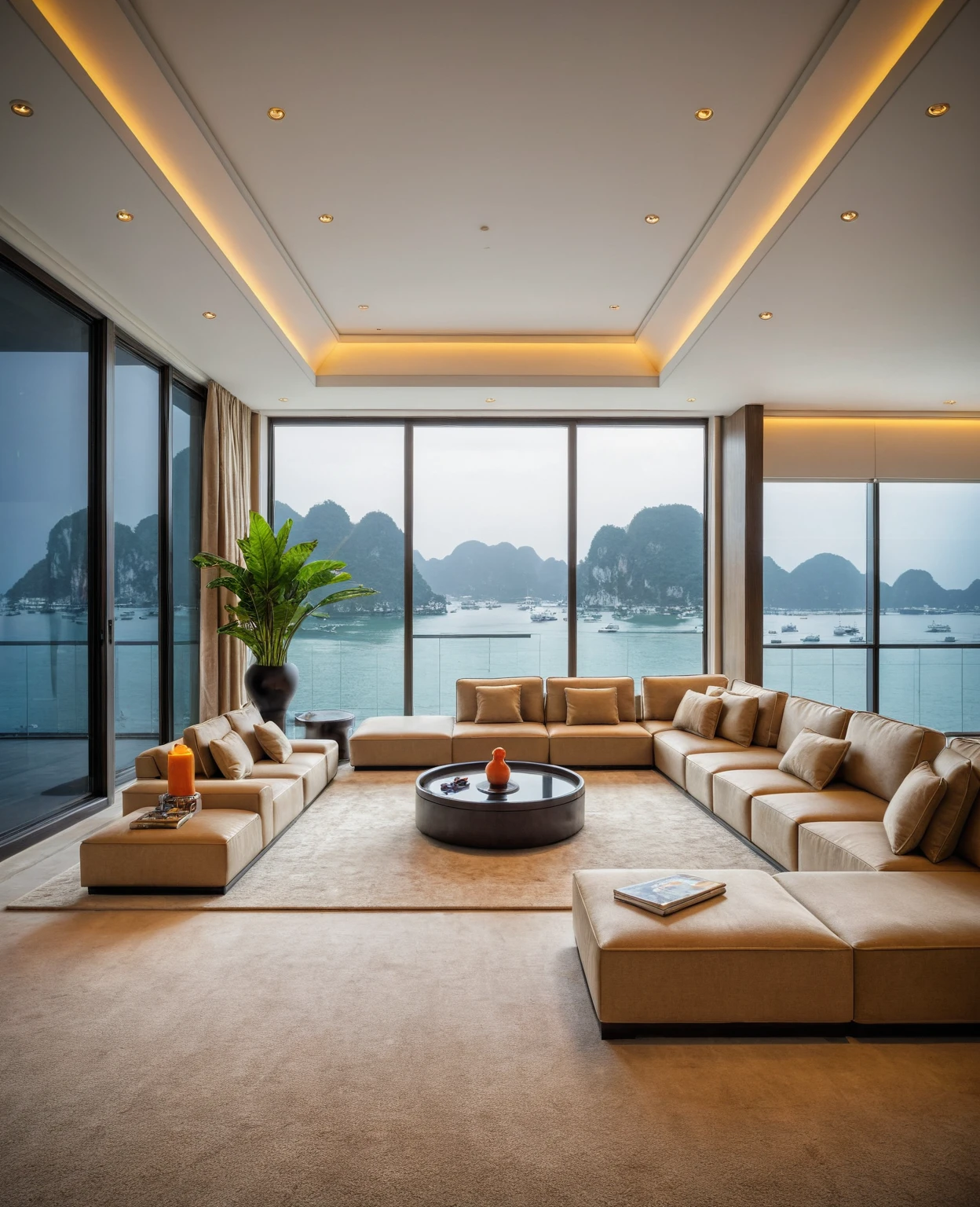 Raw photo,Masterpiece, high quality, best quality, authentic, super detail, interior, indoors, ((living room style modern luxury)), sunset, day light, sofa, table tea, carpet, cabinets, wood floor , chandeliers, windows view sea halong bay , curtains, downlight, (flower vase), decorative cabinets, wine bottles, ornaments, books,