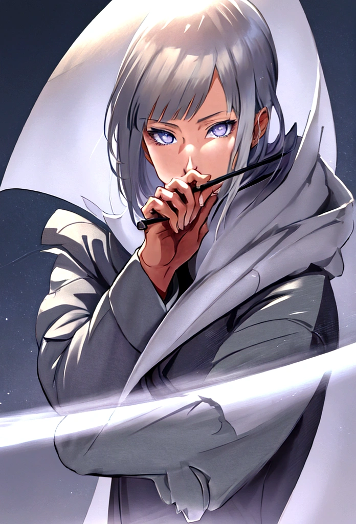 Futuristic, man, Mage, holding pencil, wearing an overcoat ,an anime face, high face definition , Ultra Hd, 4K, whole body, white hair, well defined hands, very detailed hands
