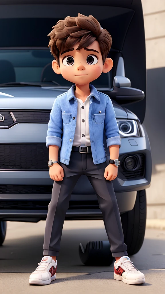 A small boy ,5 feet ,handsome, stylish clothes,smart watch, nike shoes, stylish hair cutting  ,in sit audi car 