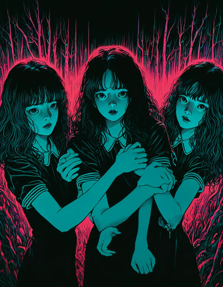 illust、art、from 80s horror movie, directed by Junji Ito、Two twin sisters、Holding hands、nightmare、anxiety、high detail, realsitic shadow、Analog style, vhs style, 8mm film, chromatic aberration, Dvd screengrab、Surrealism