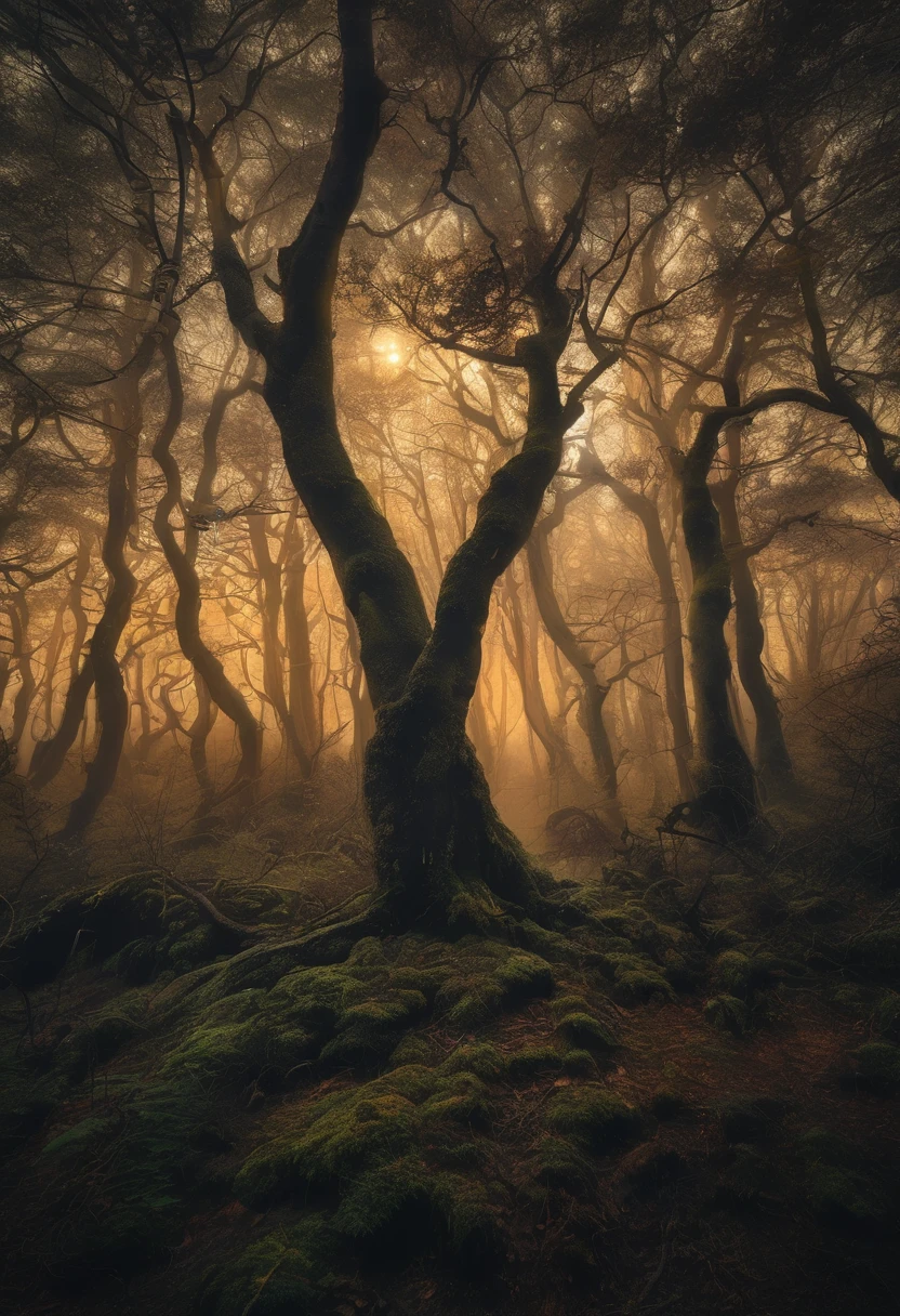 (Award-winning masterpiece:1.5), (incredible detail), (hyper realistic:1.4), (whole body:1.7), (dark forest), (moonless night), (dense darkness enveloping the forest), (tall, ancient trees like silent sentinels), (twisted branches forming shadows that come alive under faint starlight), (dramatic lighting), (intricate details:1.1)