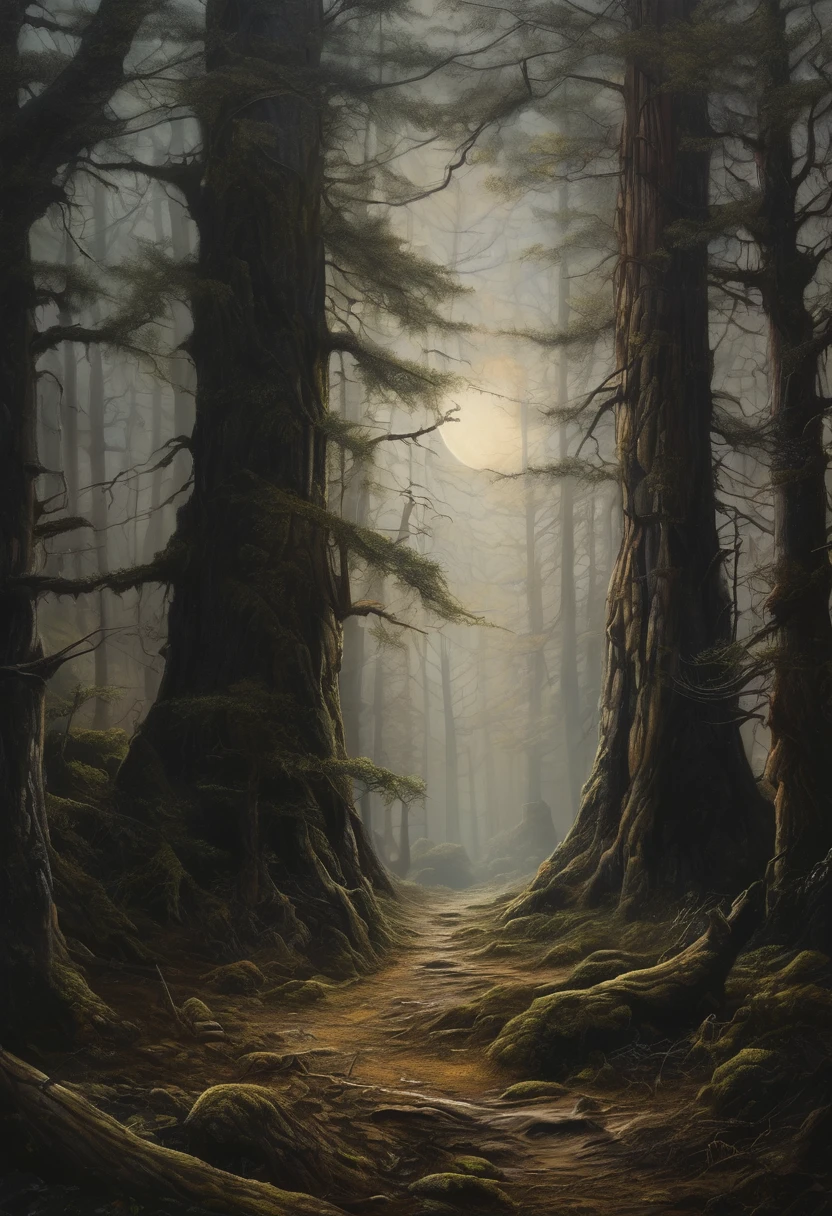 (Award-winning masterpiece:1.5), (incredible detail), (hyper realistic:1.4), (whole body:1.7), (dark forest), (moonless night), (dense darkness enveloping the forest), (tall, ancient trees like silent sentinels), (twisted branches forming shadows that come alive under faint starlight), (dramatic lighting), (intricate details:1.1)