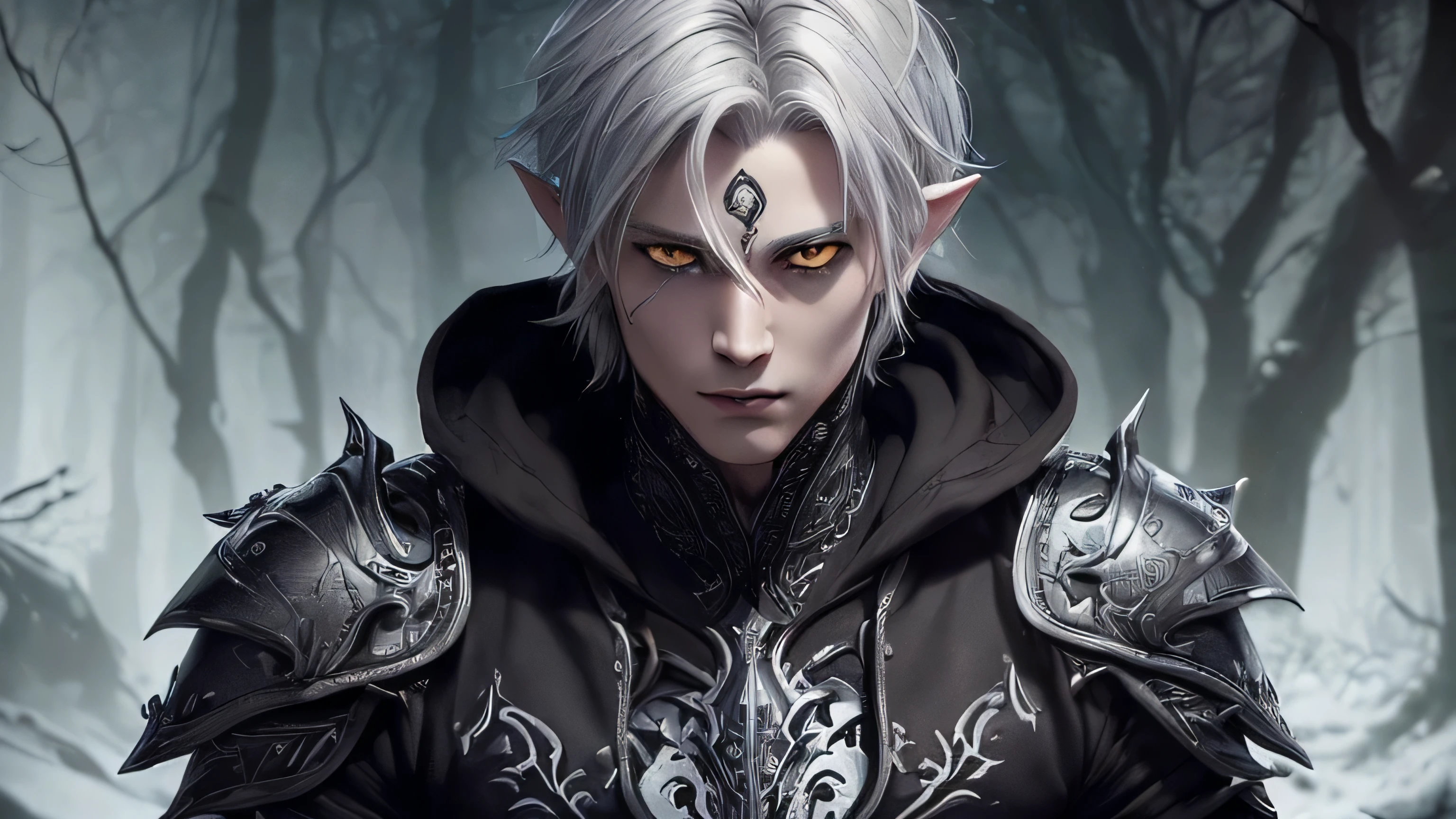 ((masterpiece, hyper realistic,32k,extremely detailed CG unity 8k, best quality, realistic face, solo, canon50, photorealistic, concept art, intricate details, highly detailed, octane render, unreal engine, fantastic-art))
((1 male elf)), ((solo))
landscape ((full shot:1)), ((full body:1.6))
The detailed background is the dark forest, blood moon clearly in the night sky, bats flying in the air in the background, Sally Mann, HDR, (masterpiece:1.3), at the steampunk world fair, Forests, analog, caves, (masterpiece:1.2), athletic face, sky, Vincent Callebaut, (low key), artstation, film grainy, representational, Depth of Field, (Antonio Moro), color, soft lighting, side view:1, by Greg Rutkowski, front view:1, ((dark forest:1.5)), ((blood moon:1.5))
Dark elf assasin sitting on a rock in the dark forest, ((musesing face:1)), ((1 man, 25 years old, close-up, perfect eyes, detailed eyes, high quality eyes, perfect_face, high quality face, grey skin:1.5, grey face:1.5, white eyes:1.5, glowing eyes:1.5)), (((medium pointy ears, silver hair, ((short hair)), perfect hands))), ((assasin, wearing extremely intricate assasin hood, wearing a light silver armor, armor with extremely delicate pattern, light silver armor, very light shoulder armor, gauntlet, gloves, boots, battle armor)) ((assasin)), looking at viewer, ((clenched fist:1)), ((dagger equiped:1)), ((mask))
extremely detailed eyes, demon eyes, expresfull eyes, eyes shadow (opened_eyes:1.2)
man muscle body, perfect arms, detailed fingers, ((tall:1.2))
((gothichorrorai forest:1)) (wearing DeathKnight amor:0.75)
