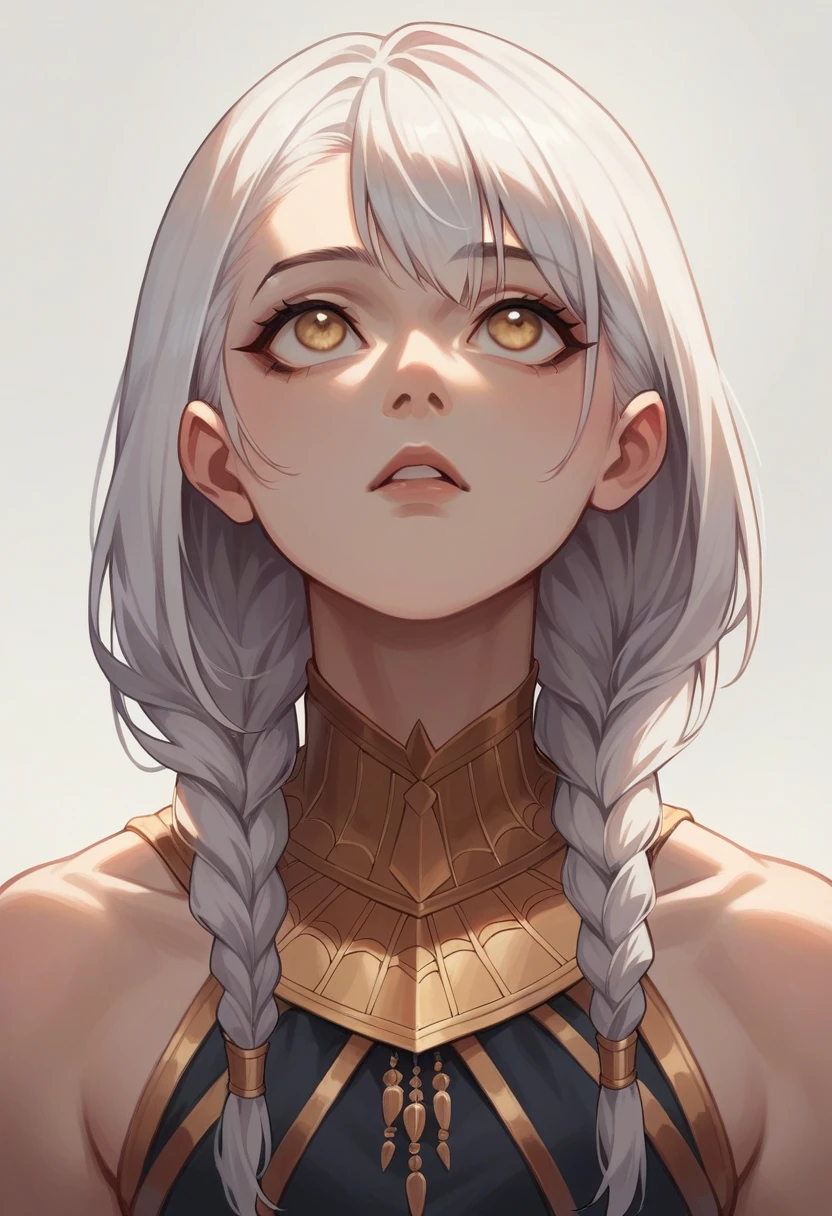 best quality, masterpiece,white hair, gold eyes, Spider-Man cloth, looking up, upper body,hair strand,Fair skin,side braids