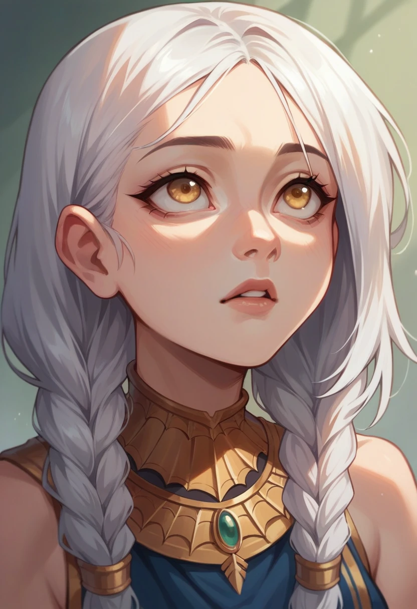 best quality, masterpiece,white hair, gold eyes, Spider-Man cloth, looking up, upper body,hair strand,Fair skin,side braids