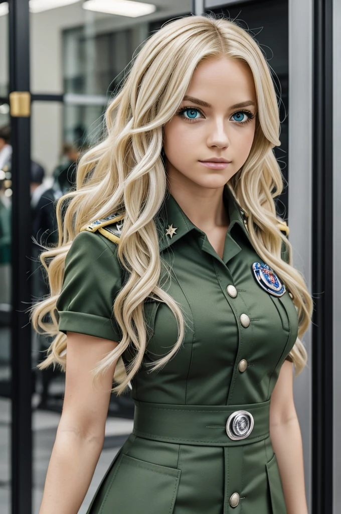My hero academia very light blonde hair long and wavy crystal green eyes and in uniform 
