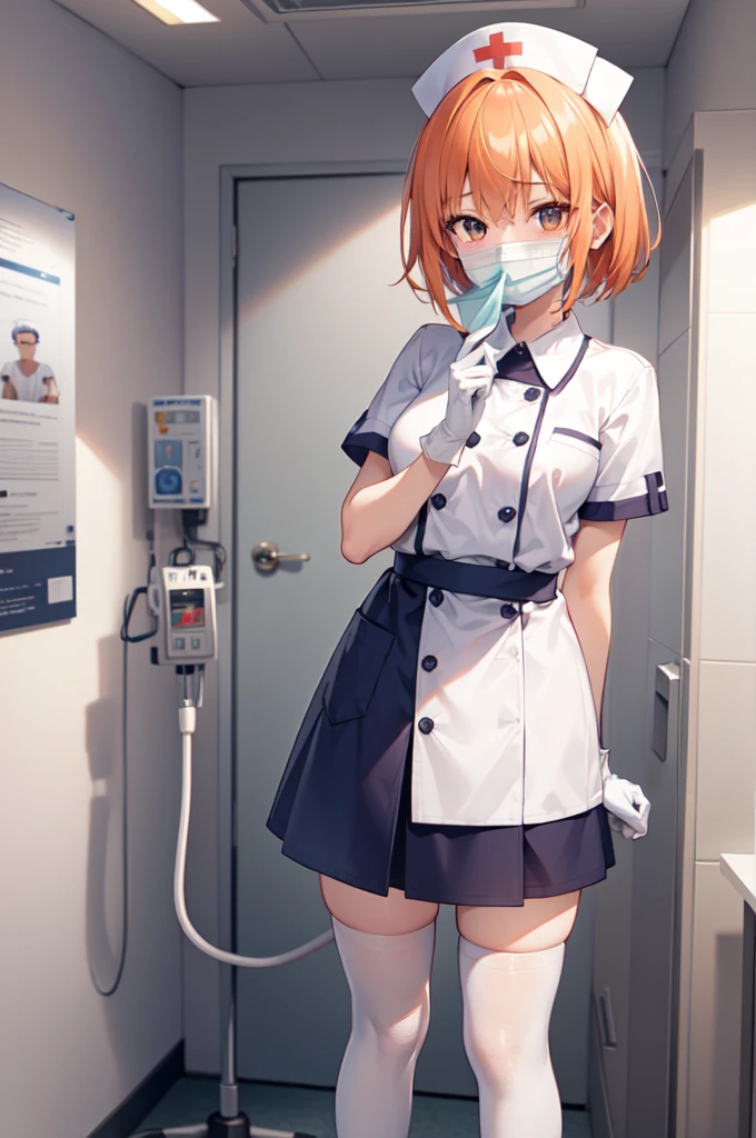 1girl, solo, nurse, nurse cap, white nurse uniform, ((white legwear, zettai ryouiki)), white gloves, very short hair, orange hair, ((white surgical mask, covered nose)), standing, ((hospital room)), sharp outline, short sleeves, tomboy, boyish, best quality, masterpiece
