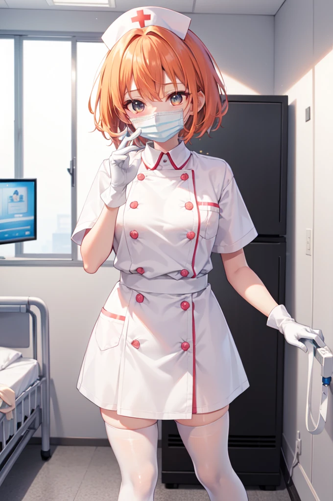 1girl, solo, nurse, nurse cap, white nurse uniform, ((white legwear, zettai ryouiki)), white gloves, very short hair, orange hair, ((white surgical mask, covered nose)), standing, ((hospital room)), sharp outline, short sleeves, tomboy, boyish, best quality, masterpiece