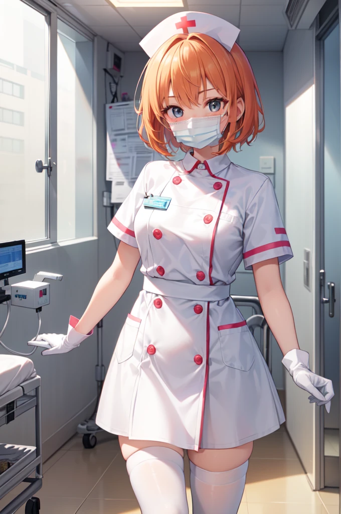 1girl, solo, nurse, nurse cap, white nurse uniform, ((white legwear, zettai ryouiki)), white gloves, very short hair, orange hair, ((white surgical mask, covered nose)), standing, ((hospital room)), sharp outline, short sleeves, tomboy, boyish, best quality, masterpiece