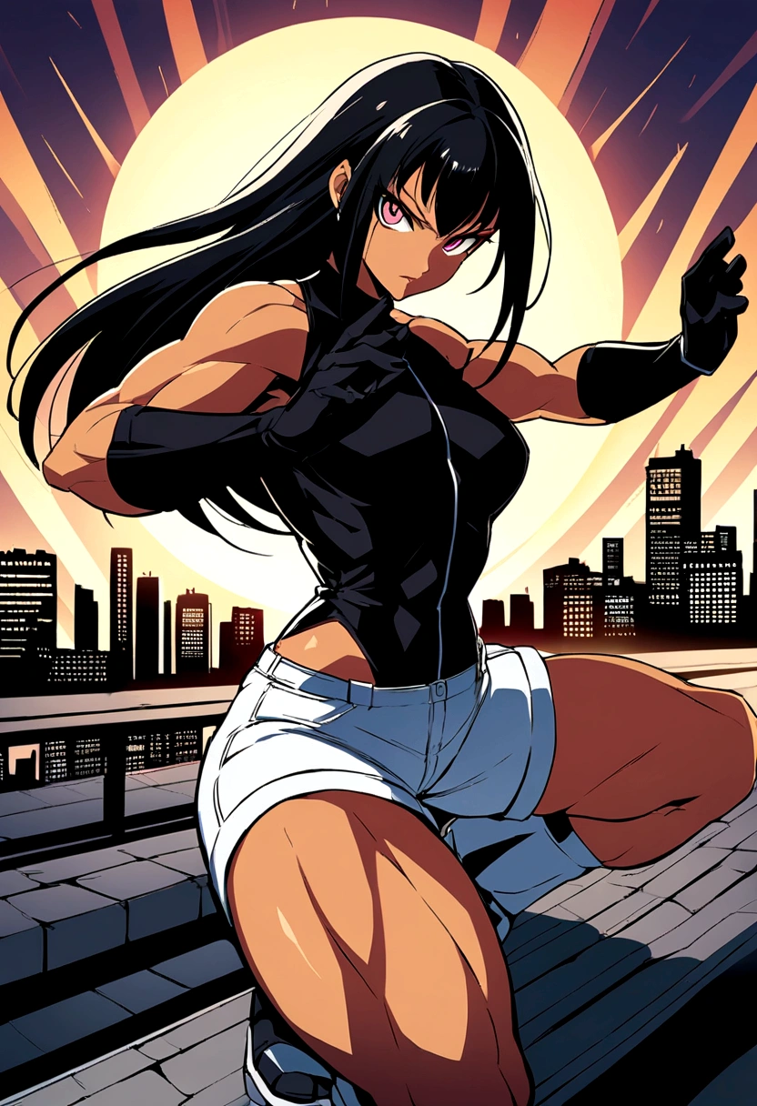 A stunning anime illustration of a sexy, muscular female character with long, flowing black hair. She is dressed in a revealing blacktop, white shorts, and black gloves, showcasing her toned physique. The character is poised in a powerful martial arts pose, her intense gaze focused on the viewer. The background features a cityscape with modern buildings and a city skyline. The overall art style is sleek and bold, with strong lines and vibrant colors., illustration, anime