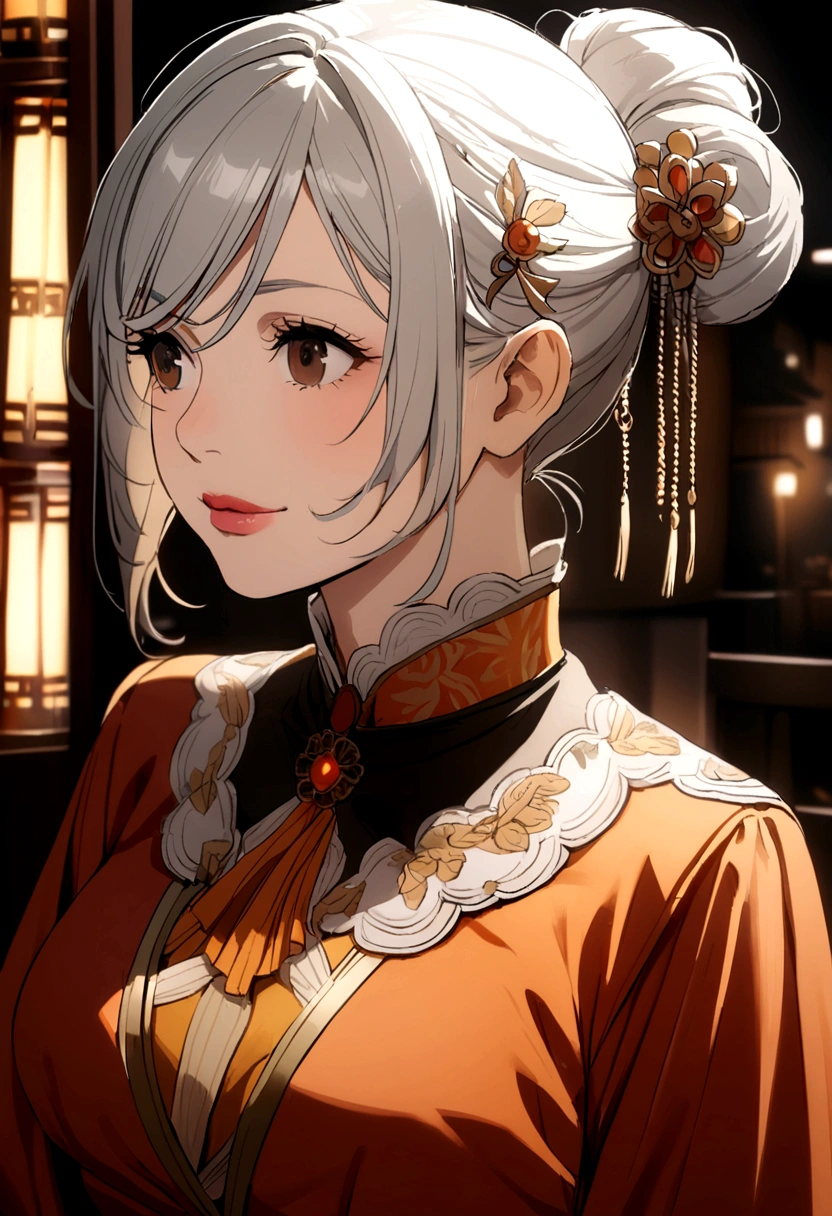 50 year old woman, white hair, bun with hairpin, brown eyes, orange dress, red jacket