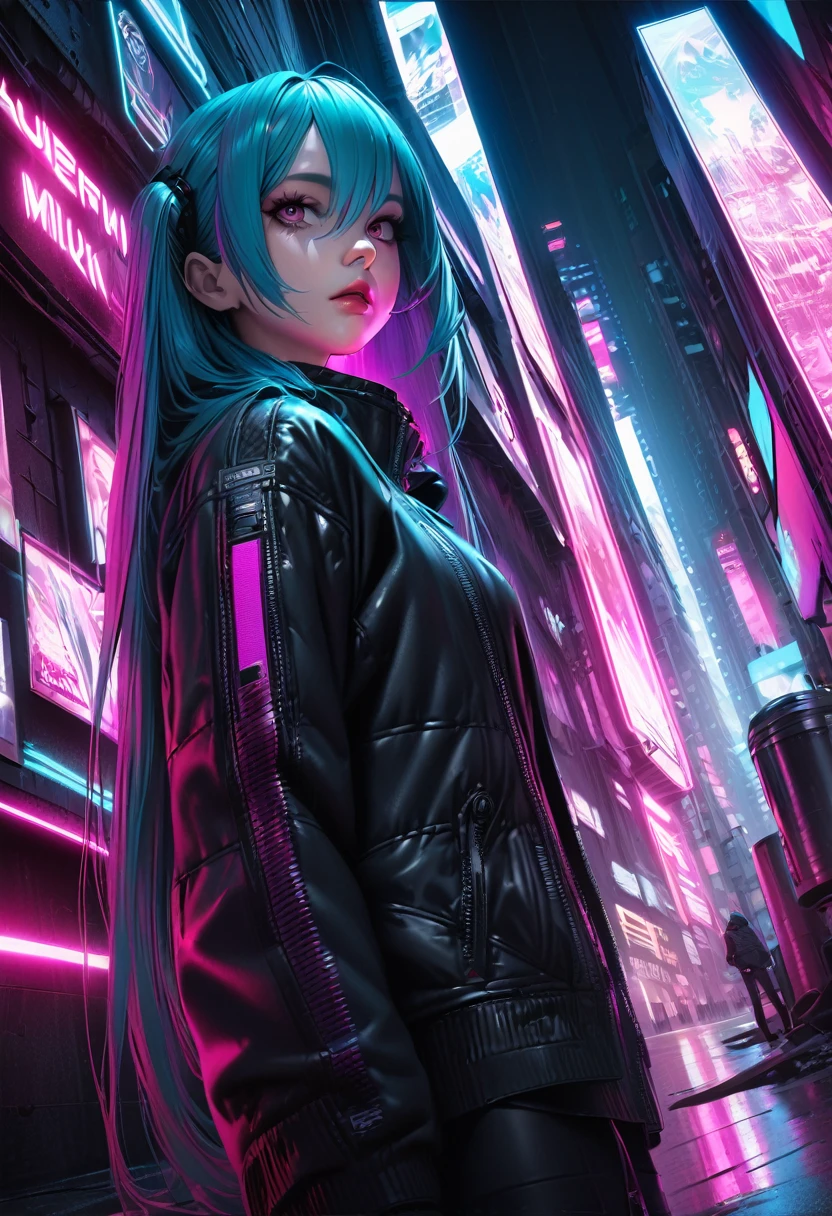 1girl, hatsune miku, black tape project, dutch angle, detailed hair, detailed  features, detailed eyes, detailed lips, intricate hairstyle, long flowing hair, cyberpunk, neon lights, glowing neon, dark futuristic city, moody lighting, cinematic composition, dynamic camera angle, high contrast, vivid colors, (best quality,4k,8k,highres,masterpiece:1.2),ultra-detailed,(realistic,photorealistic,photo-realistic:1.37) , .