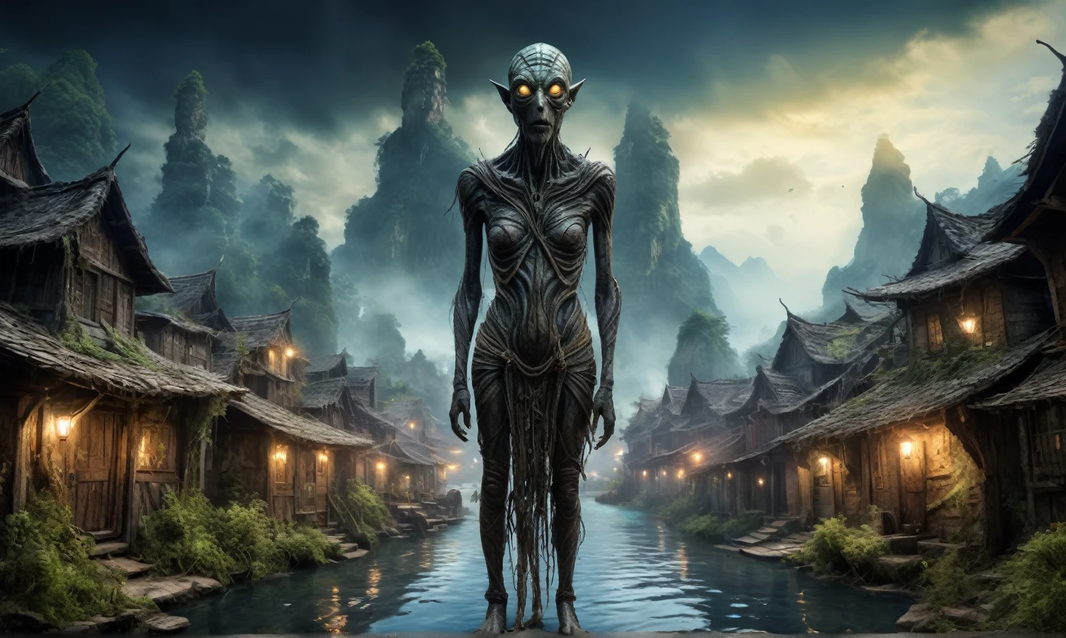 full body length shot,very beggar niobium  of Alien Entity,native german half-Puck, wants eat,survival,Medieval fairyland, Medieval castle ,Cinematic,soft colors, Technicolor,natural skin textures, hyper realism, hyper detailed,Extremely detailed,High contrast,Masterpiece,Realistic,Ultra Detailed, intricate details,realistic humid leather,extremly intricate,Epic Realistic, cinematic style, irina yermolova,high contrast,hdr,extremely detailed, deep night landscape,masterpiece, intricate details, eyes extremely detailed, high detailed eyes,8k resolution,retina, Nikon Z9,Norsemade,Li River seaside, Elf，transition between two art styles, Double contact, X-ray, Creative, vivid light, fantasy Abstract, Surrealism, super detailed, high resolution, traps against fairies between houses in air,insanity wear,portal,magic
